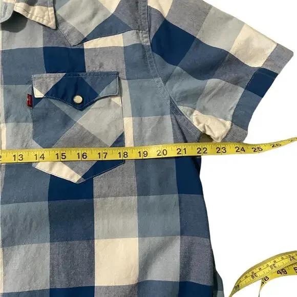 Levi’s Shirt Mens L Blue Checkered Short Sleeve Pearl Snap Western Cowboy Casual - Picture 9 of 11